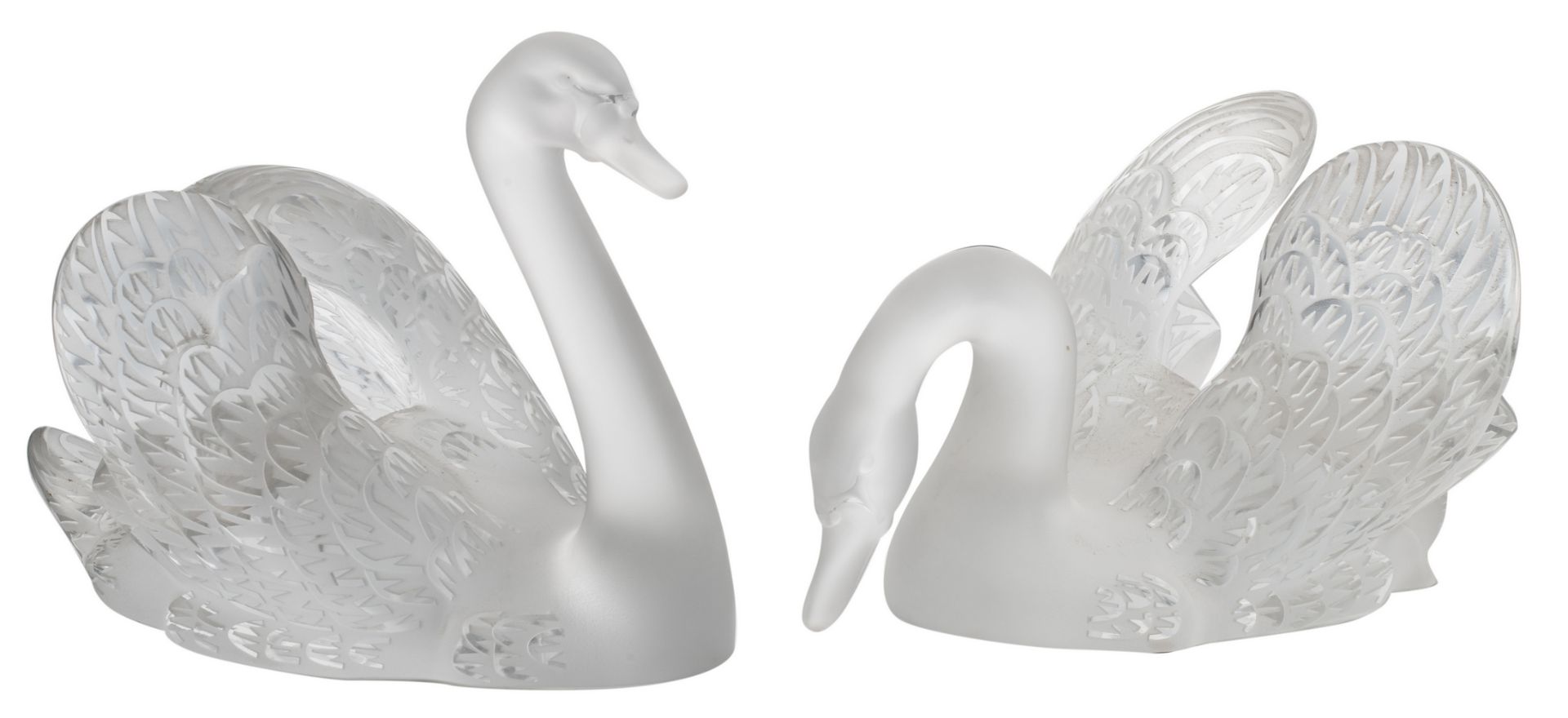 Two swans, marked Lalique - France, H 18 - 24 cm