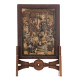 A Chinese wooden table screen, the stone panel polychrome decorated with a court scene and