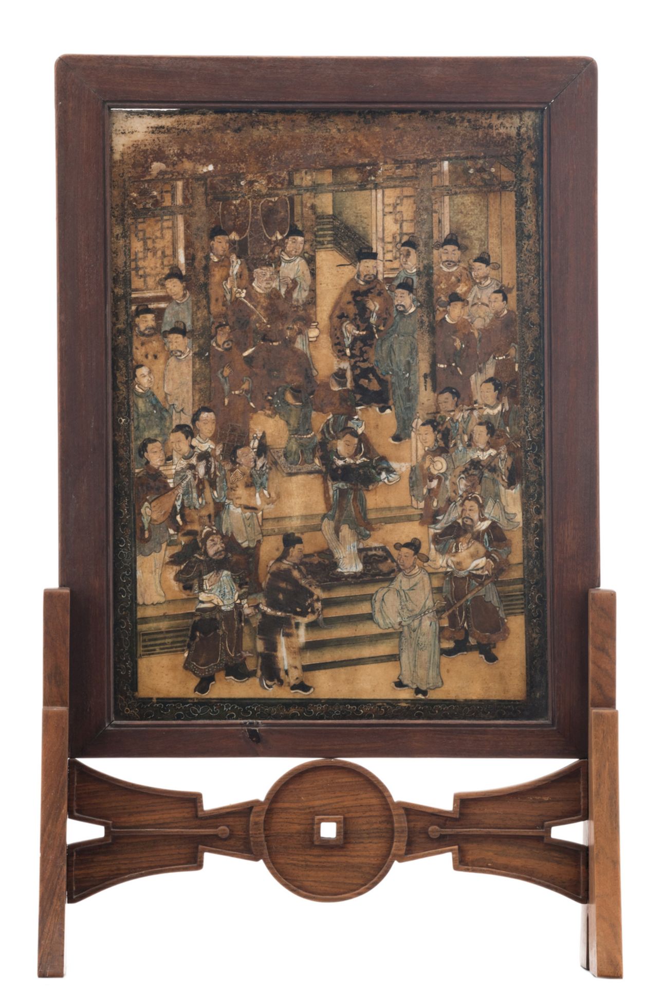 A Chinese wooden table screen, the stone panel polychrome decorated with a court scene and