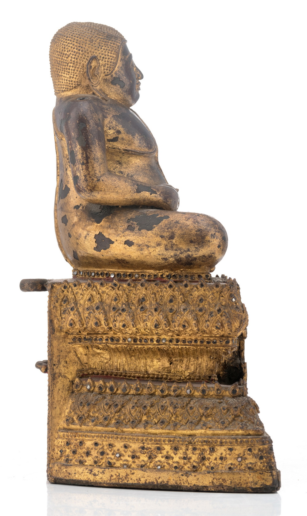 A Thai gilt and polychrome lacquered bronze seated Buddha on a multi-stepped base, with glass inlay, - Image 4 of 6