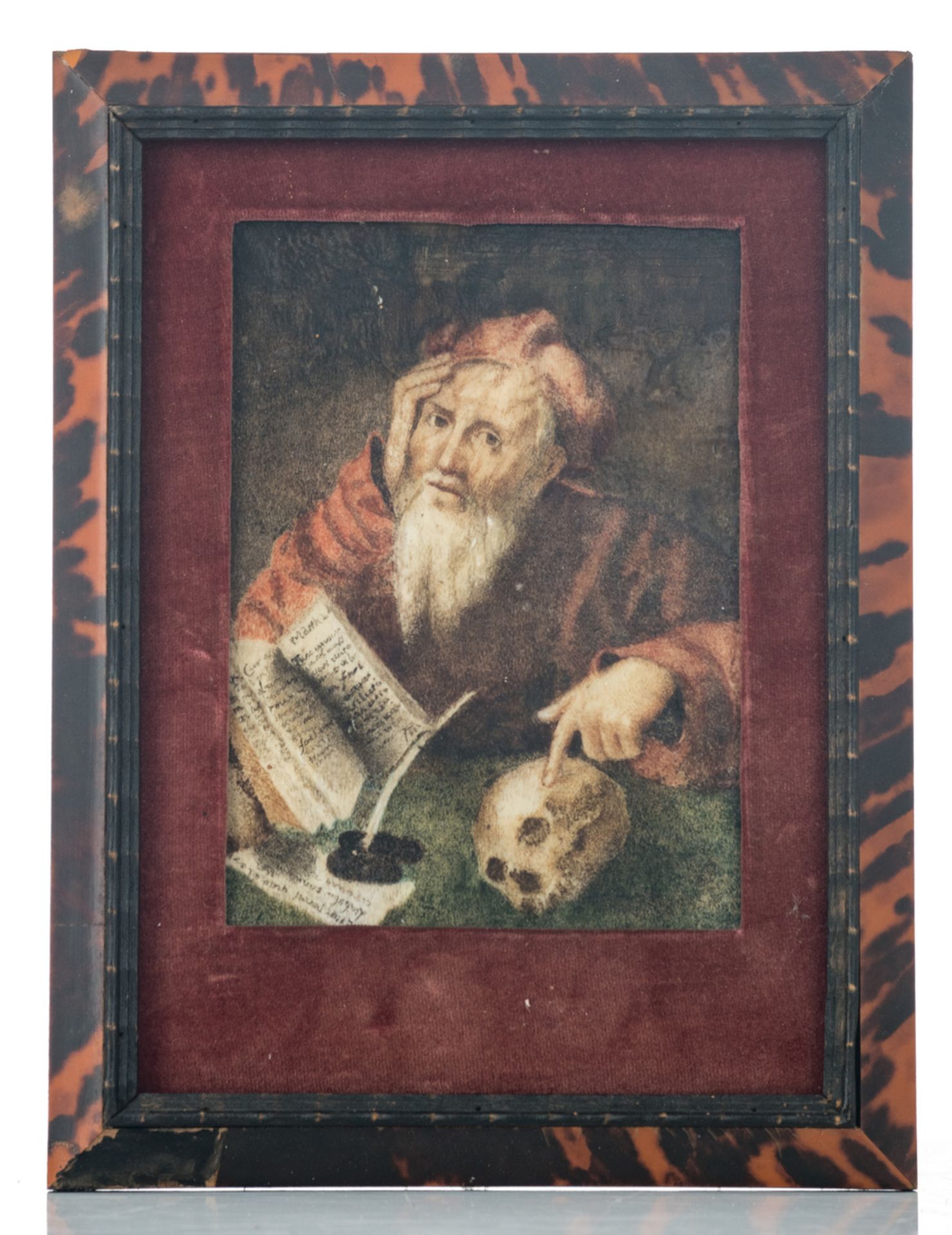 No visible signature, Saint Jerome in his study, miniature on ivory, 18thC, with a 19thC tortoise - Image 2 of 3