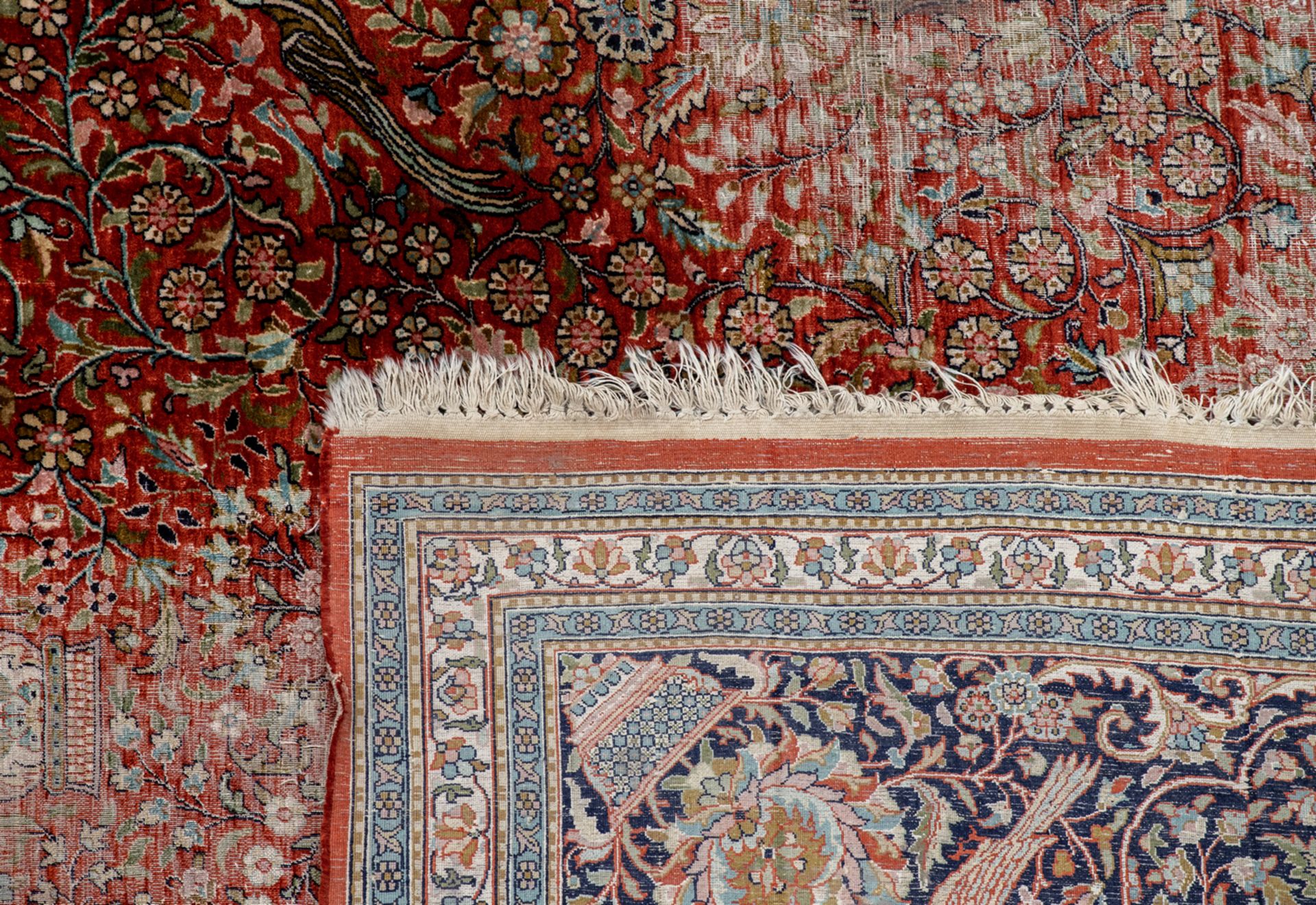 A large and royal Oriental floral decorated silk rug with birds and flower baskets, with a central - Image 3 of 3