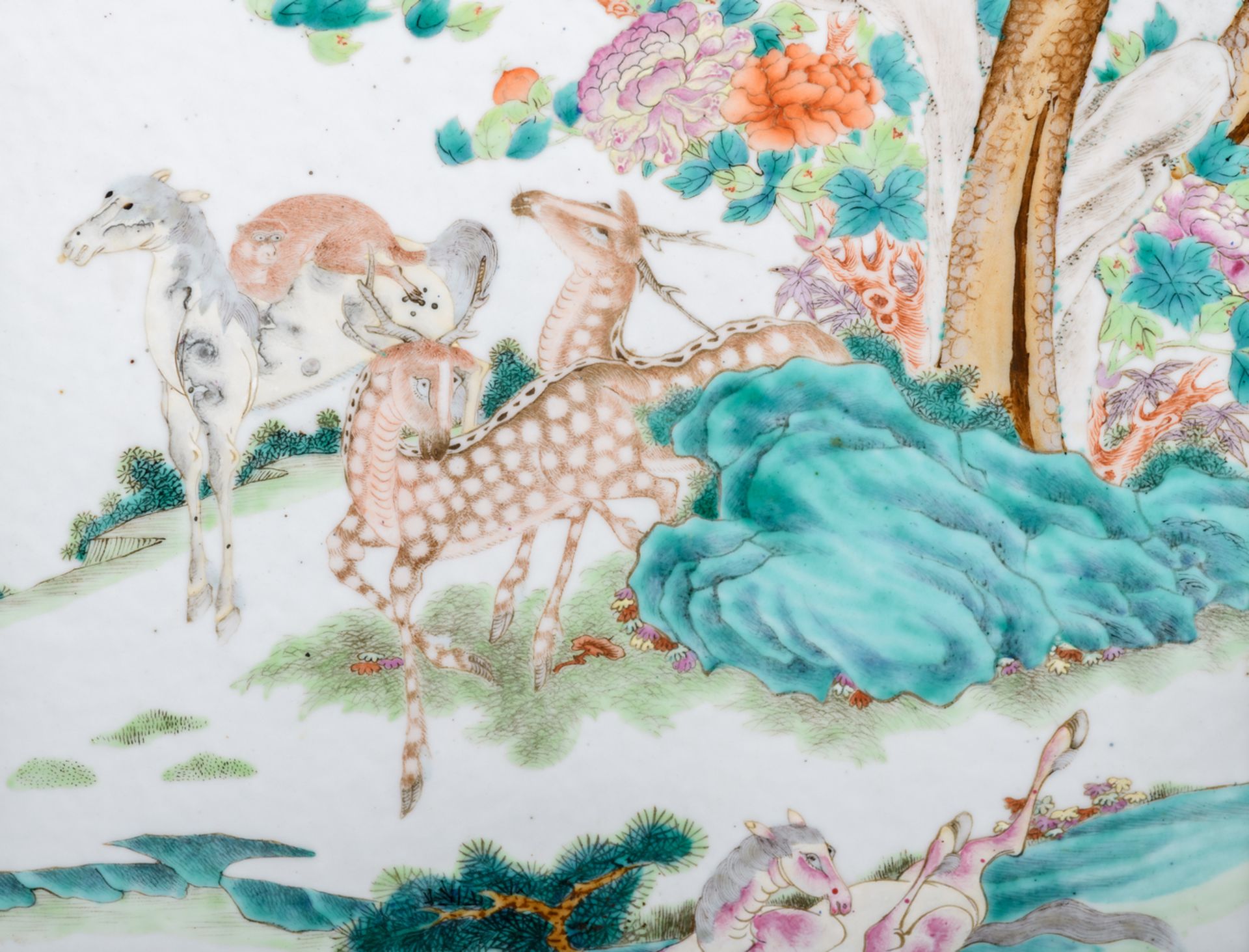 A fine Chinese hardwood table screen, the famille rose plaque decorated with horses, deers, - Image 8 of 10