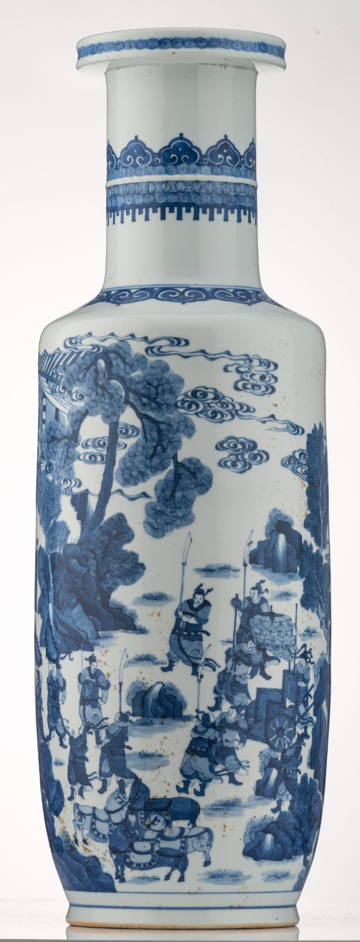 A large Chinese blue and white rouleau shaped vase, overall decorated with an animated scene in a - Image 2 of 6