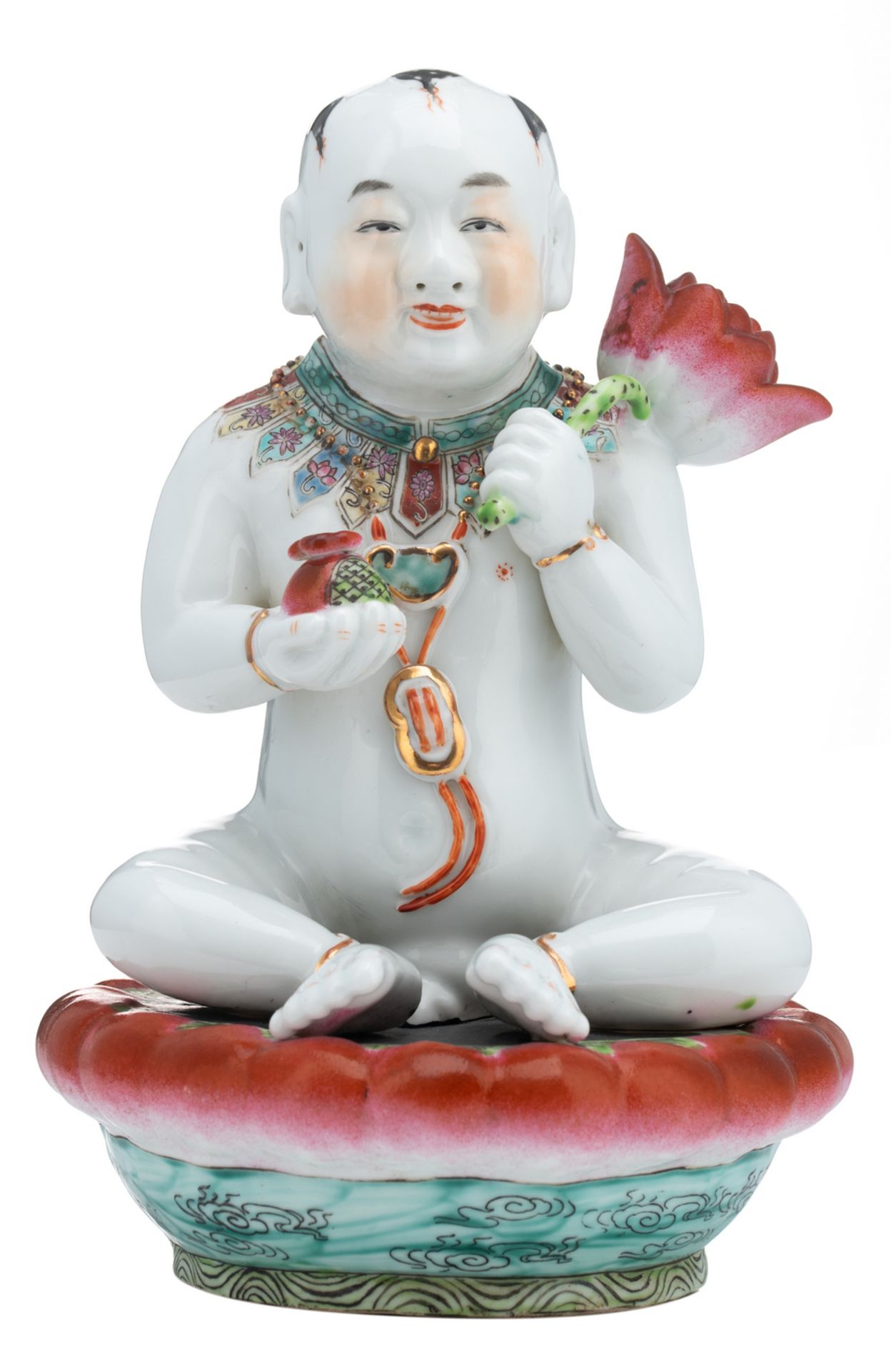 A Chinese famille rose figure of a young Buddha, seated on a lotus base; added a Chinese celadon - Image 8 of 13