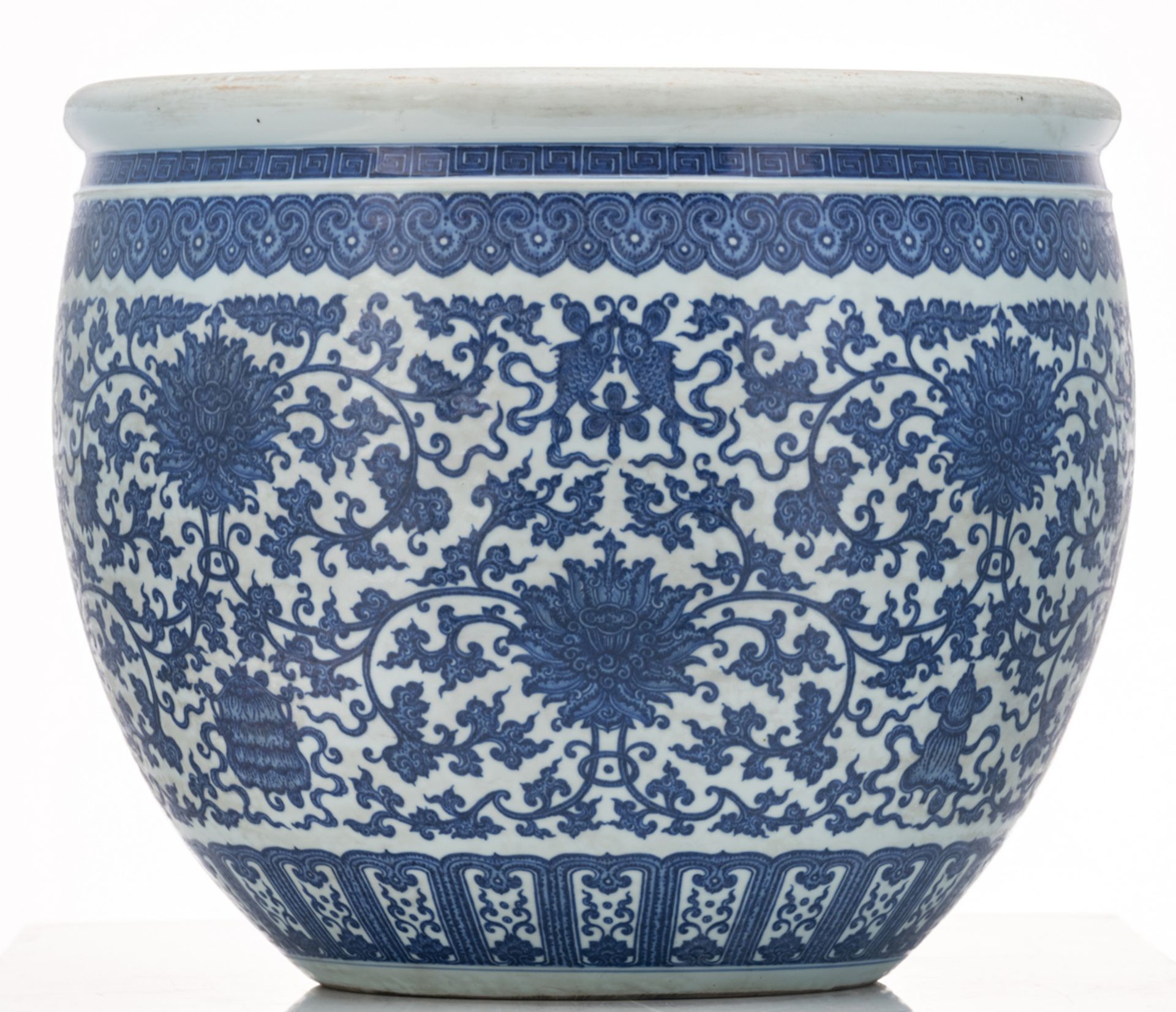 A Chinese blue and white jardiniere, decorated with scrolling lotus and Buddhist symbols, H 45 - ø - Image 2 of 7