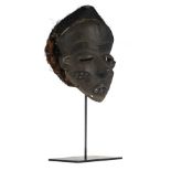 A traditional polychrome decorated African wooden mask with fiber, Pende - Congo, H 25 cm