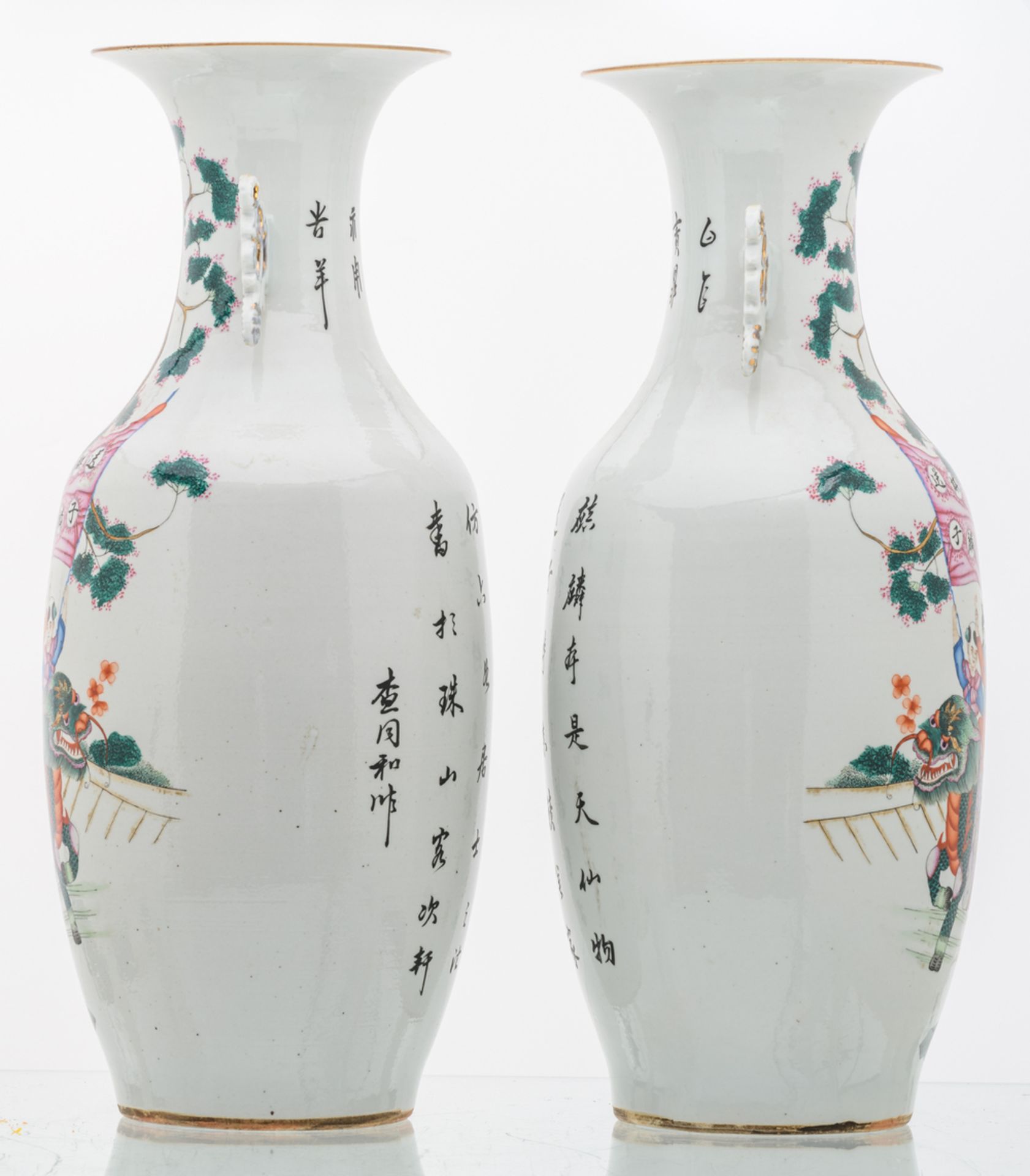 A pair of Chinese famille rose vases, decorated with figures in a cortege and calligraphic texts, - Image 4 of 6