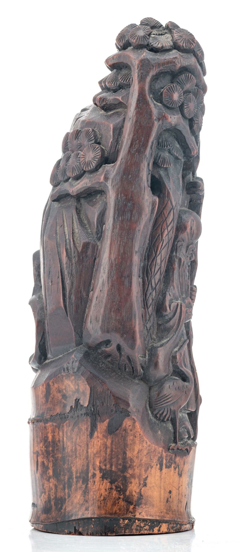 A Chinese bamboo sculpture, depicting the figures of Shou Xing, a Guanyin and some servants, H 40 cm - Image 2 of 6