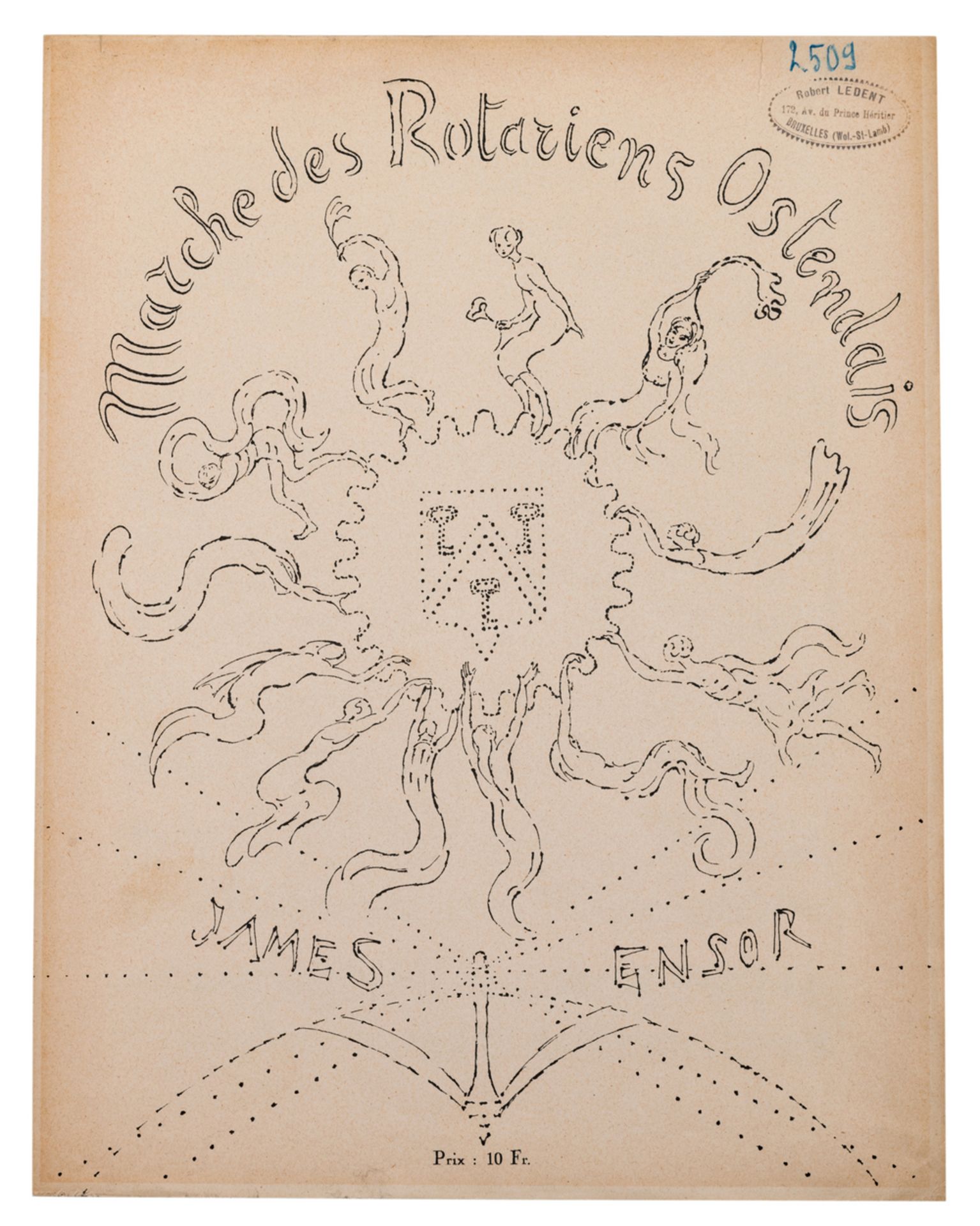 Ensor J., the sheet music for the 'Marche des Rotariens Ostendais', lithograph, (with the personal