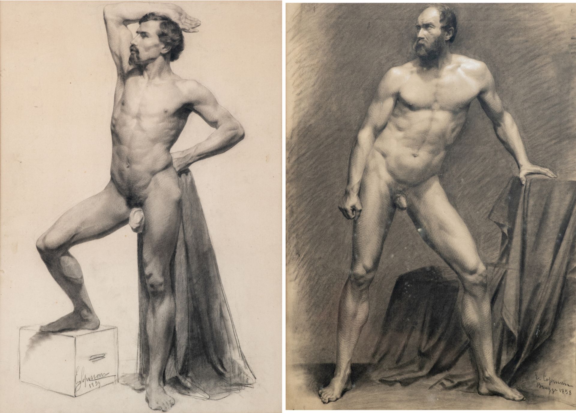 Copman E., two male academic studies (Bruges), charcoal and white cray, dated 1858 - 1859, 45 x 61 -