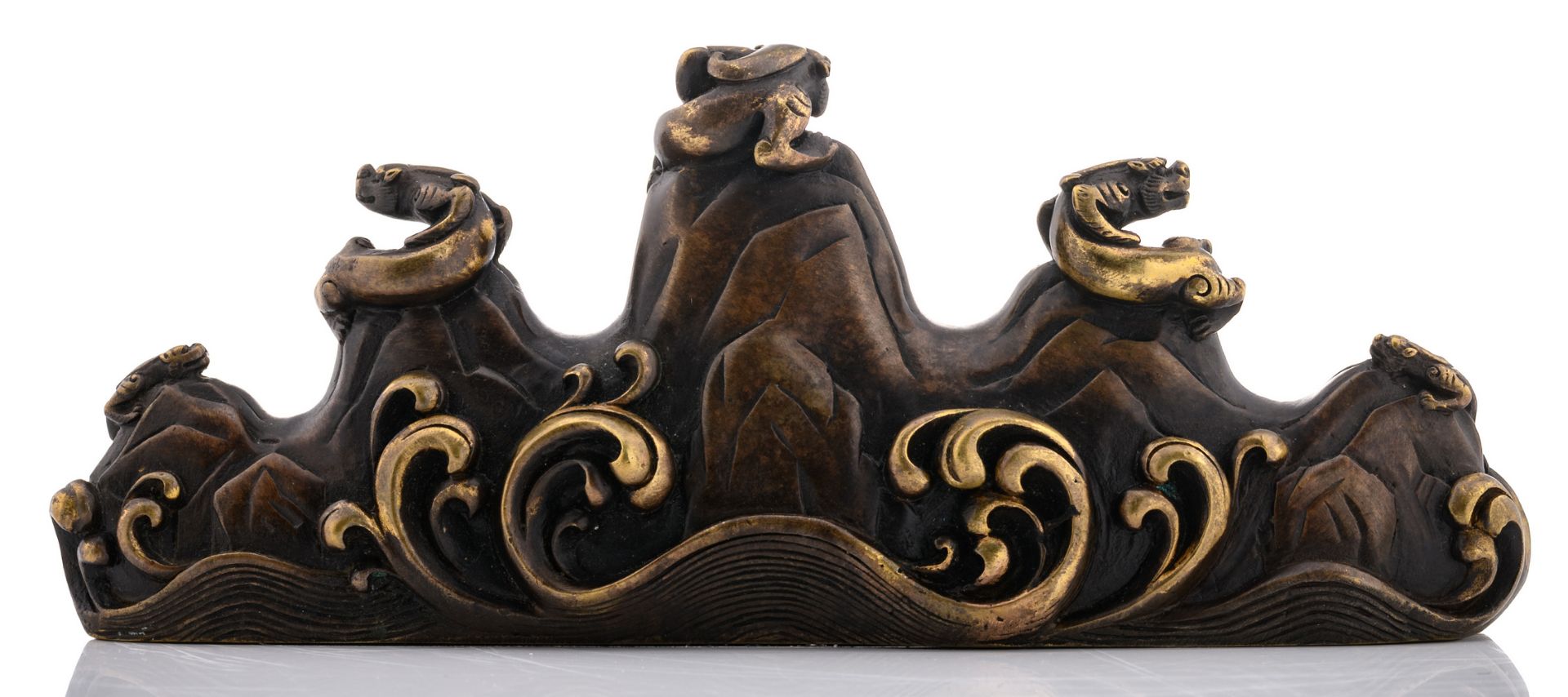 A Chinese patinated bronze scholar's brush rest depicting chilong climbing rocks situated in - Image 3 of 6