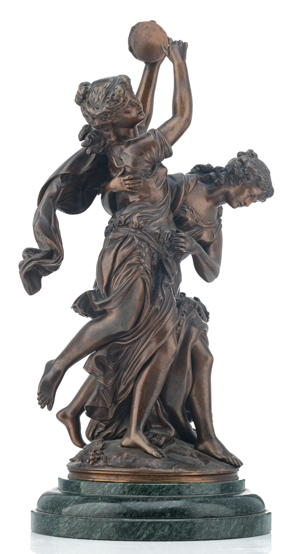Moreau, bacchants and a satyr, brown patinated bronze, on a vert de mer marble base, H 43,5 (without - Image 4 of 6
