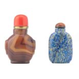 Two Chinese snuff bottles, one agate stone with red coral stopper and one lapis lazuli with an agate