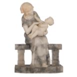 Gossin L., mother and child, white marble and grey alabaster, H 47 cm