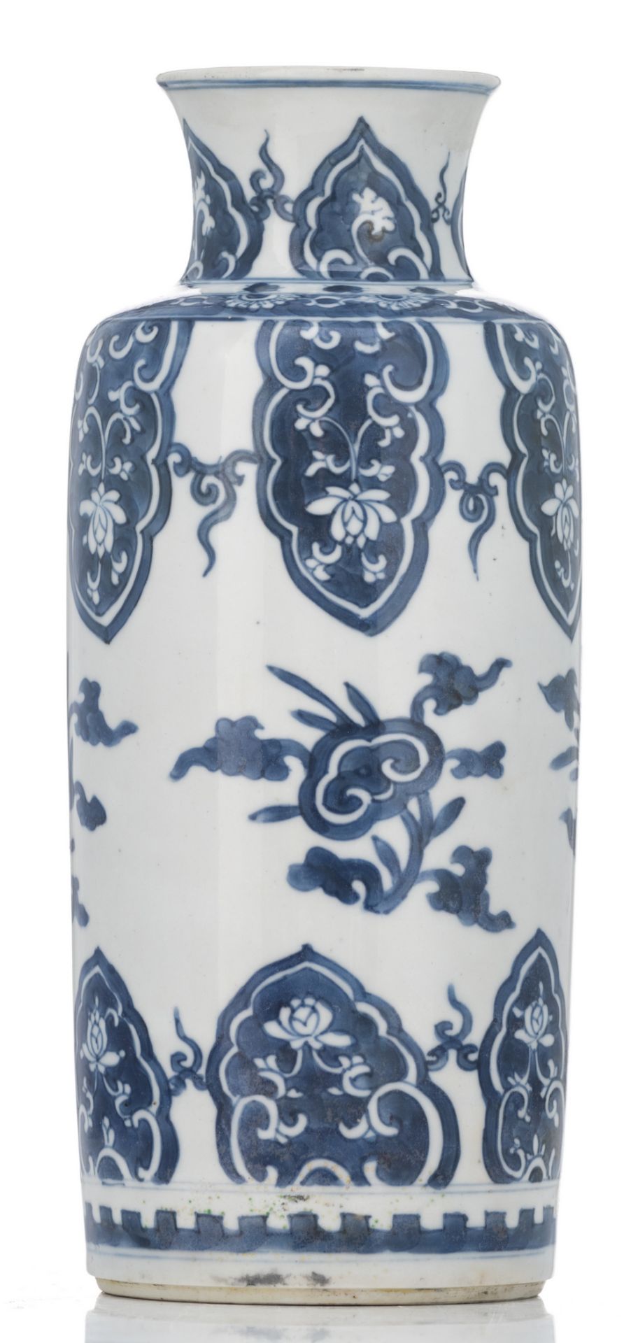 A Chinese blue and white cylindrical vase, decorated with lotus petals, flower branches and lingzhi, - Image 4 of 6