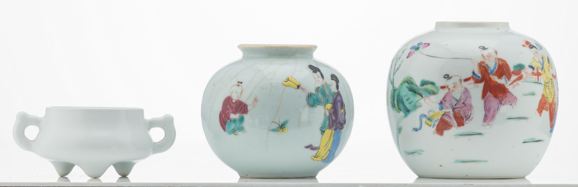 Two Chinese blue and white saucers, decorated with animated scenes, 18thC, one saucer with a Dutch - Image 8 of 15