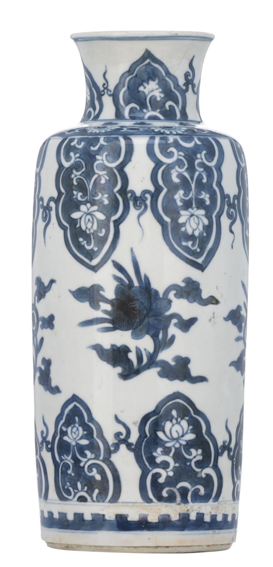 A Chinese blue and white cylindrical vase, decorated with lotus petals, flower branches and lingzhi,