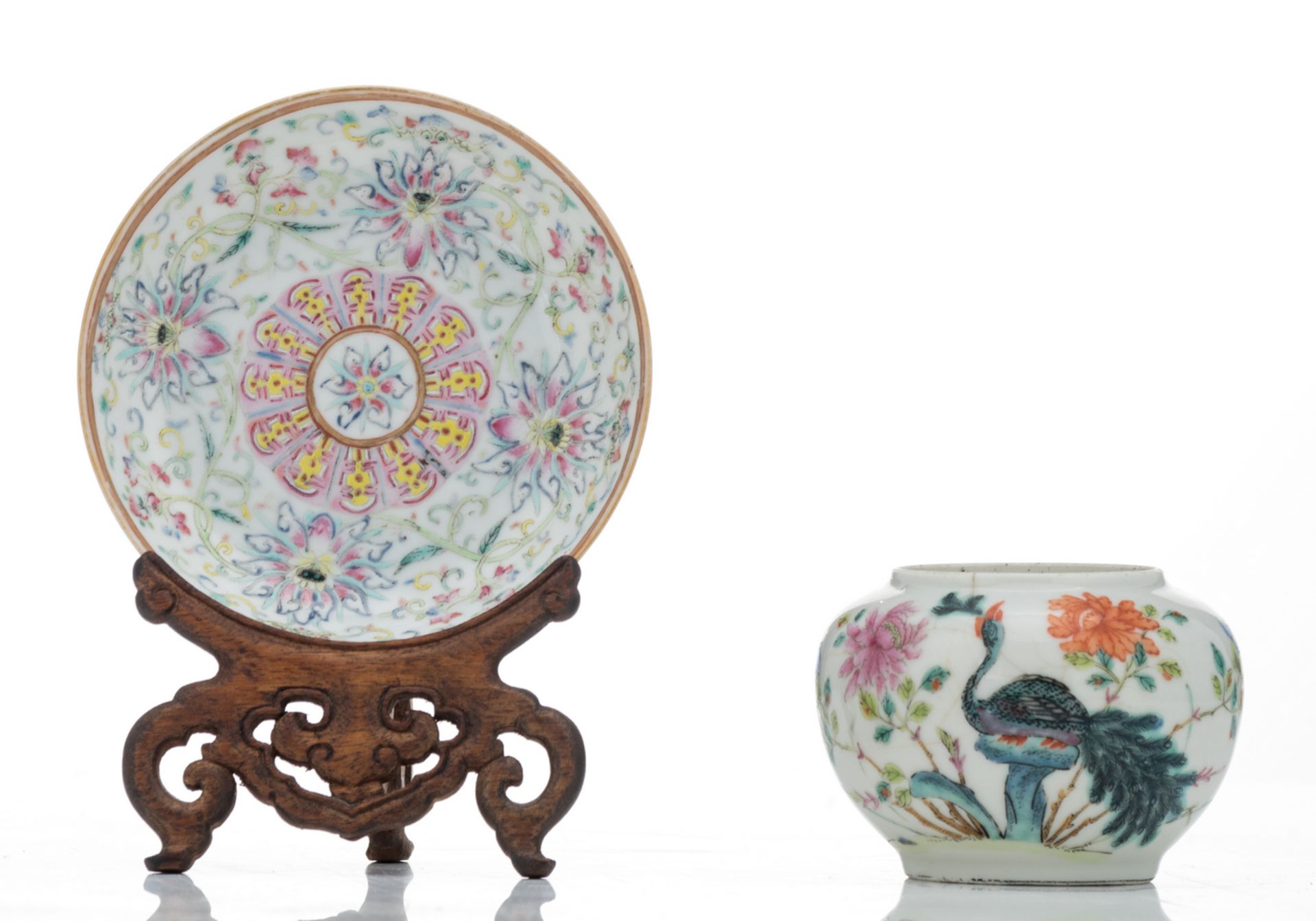 Two Chinese famille rose floral decorated dishes, one dish on a matching wooden stand, and a ditto - Image 2 of 7