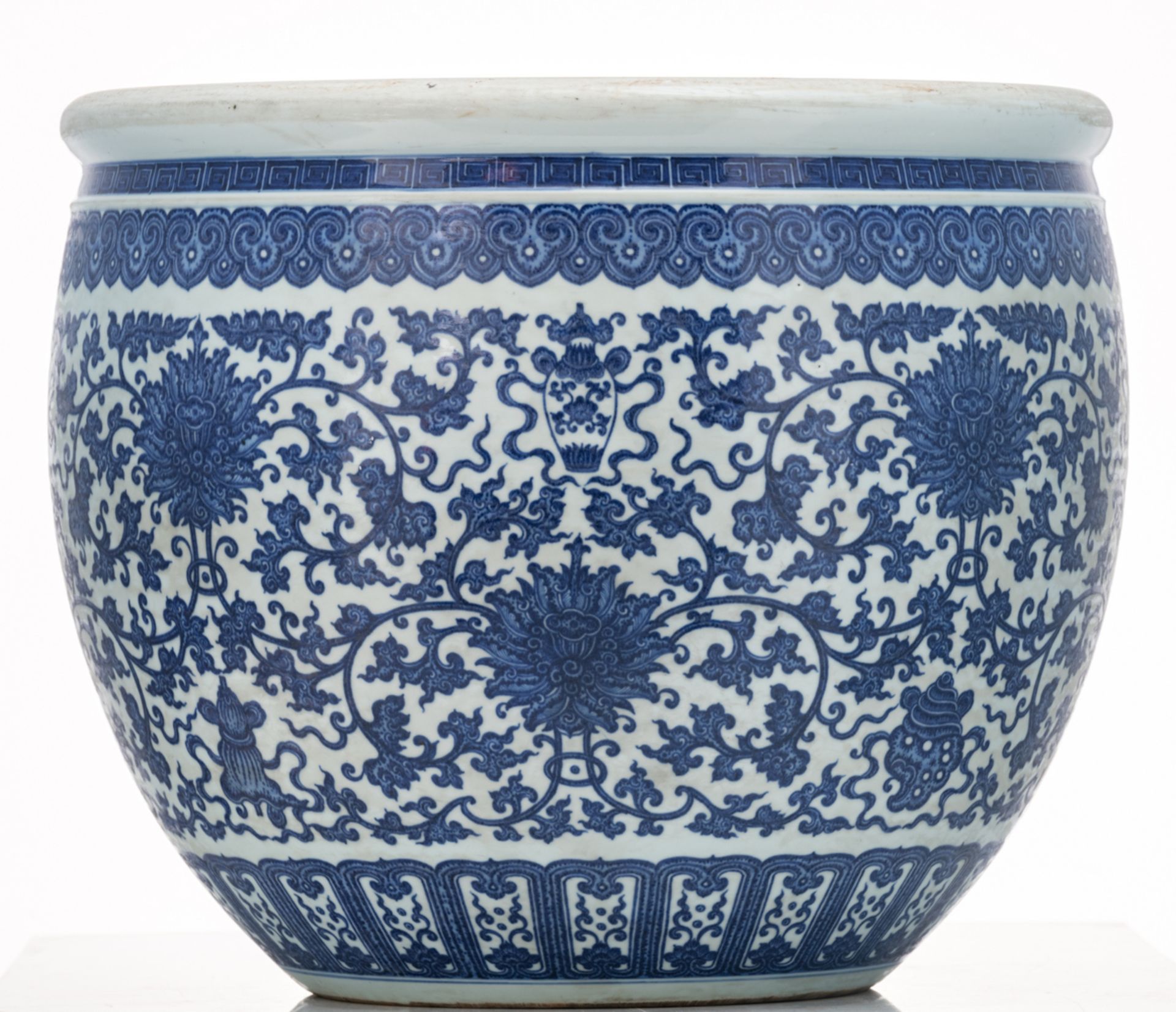 A Chinese blue and white jardiniere, decorated with scrolling lotus and Buddhist symbols, H 45 - ø - Image 3 of 7