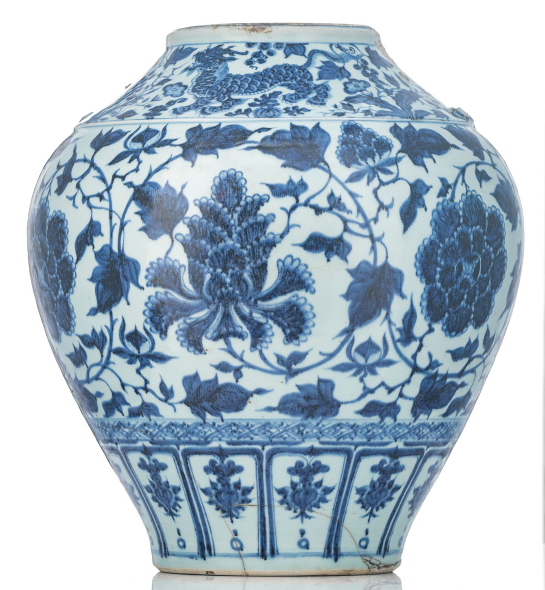 A Chinese blue and white vase, decorated with scrolling lotus and Fu lions, H 45,5 cm - Image 3 of 6