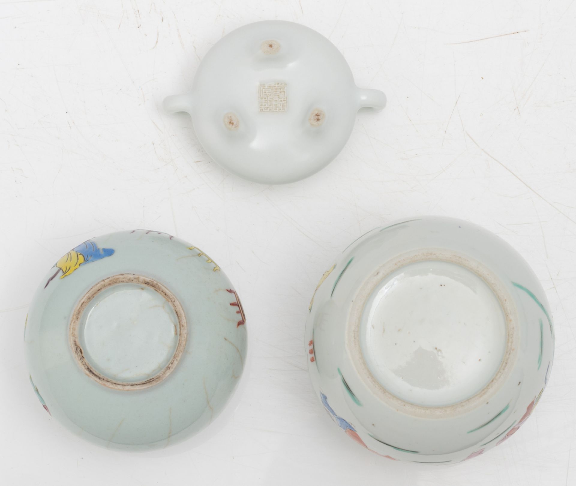 Two Chinese blue and white saucers, decorated with animated scenes, 18thC, one saucer with a Dutch - Image 13 of 15