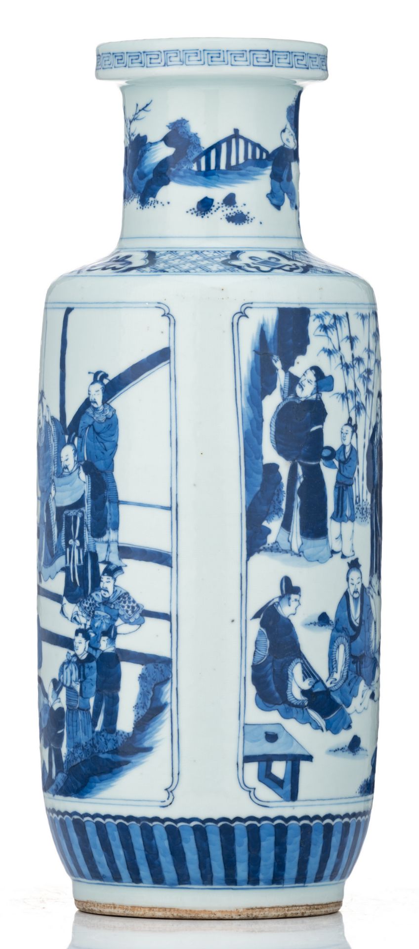 A Chinese blue and white rouleau shaped vase, one panel decorated with a court scene, the other - Image 2 of 6
