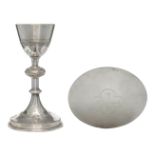 A French Gothic revival silver chalice with paten, 925/000, maker's mark 'Demarquet frères', the