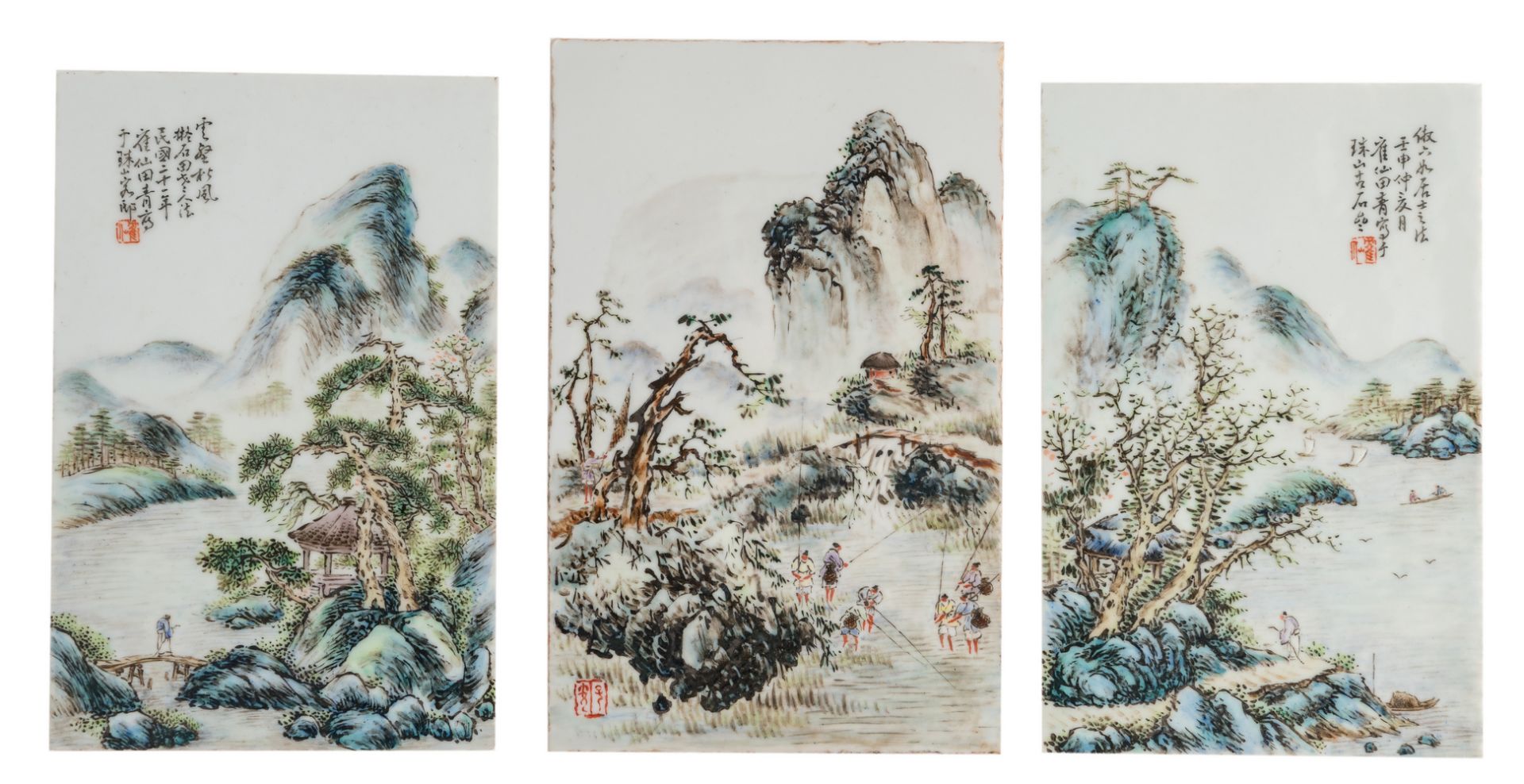 Three Chinese polychrome plaques, depicting figures in a mountainous river landscape, two plaques