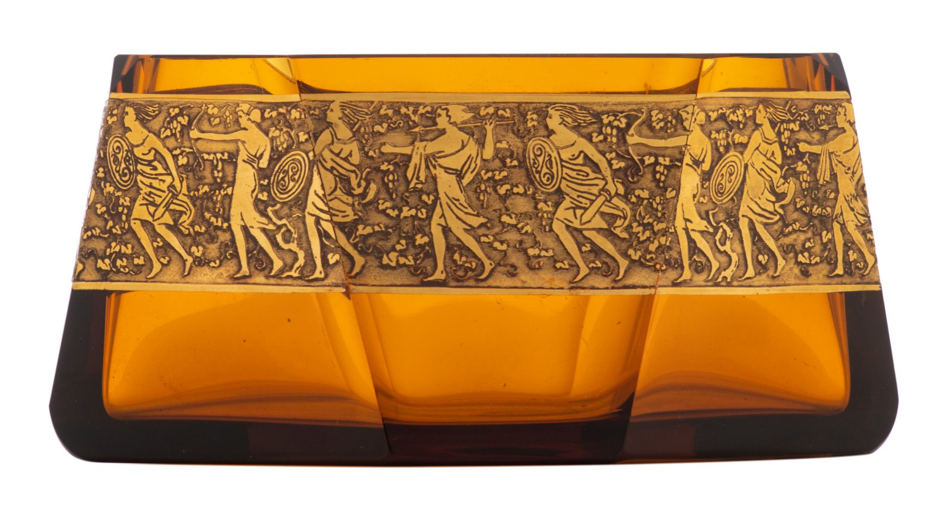 An amber coloured Moser Karlsbad crystal jardiniere, decorated with a gold etched antique frieze,