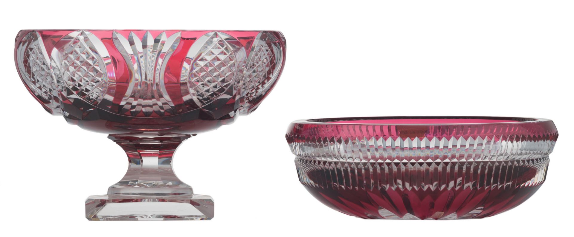 A Val-Saint-Lambert ruby overlay cut crystal bowl and a bowl on foot, both items marked, one item