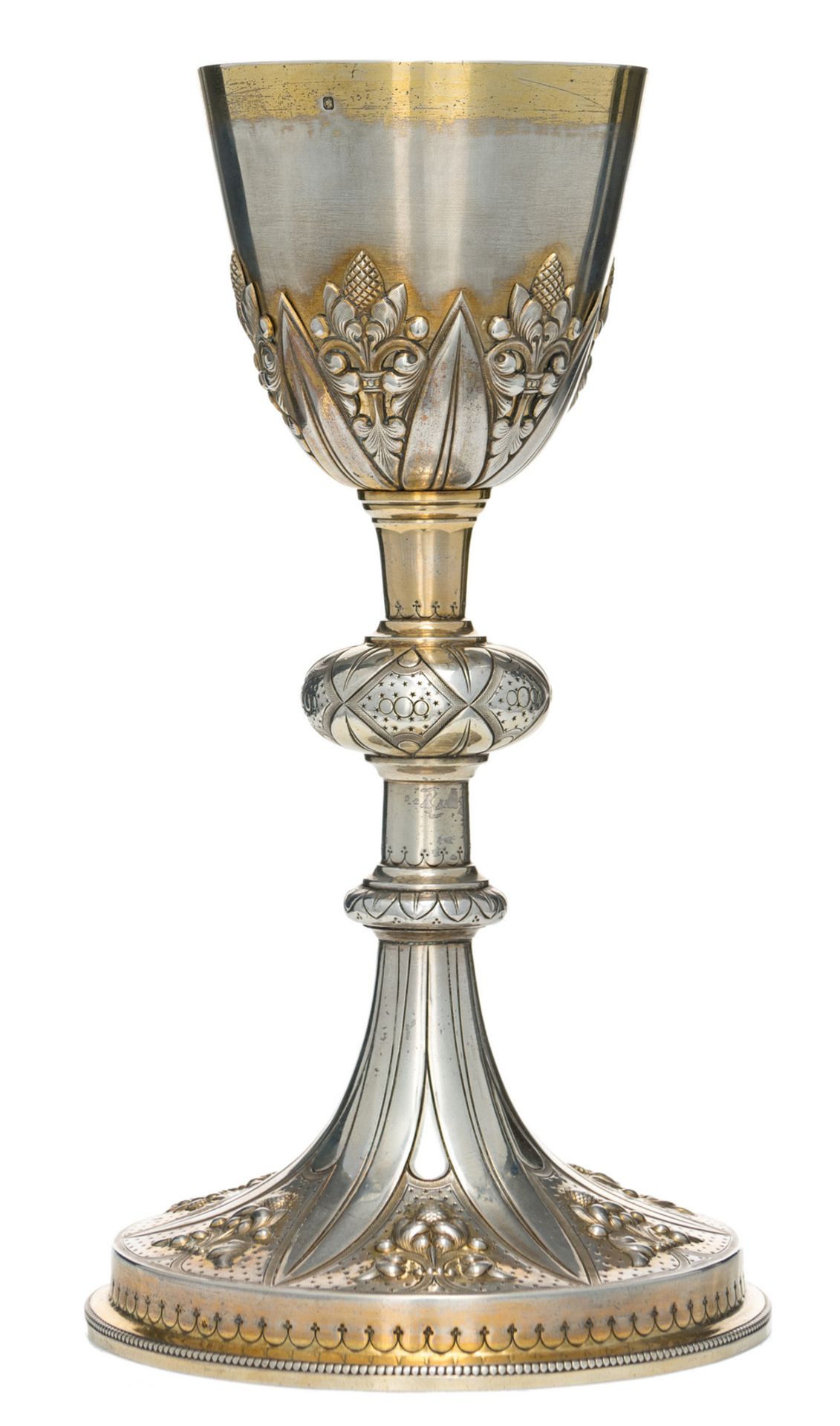 A French Gothic revival partly gilt silver chalice, 950/000, maker's mark J. P. (Pernolet), H 24