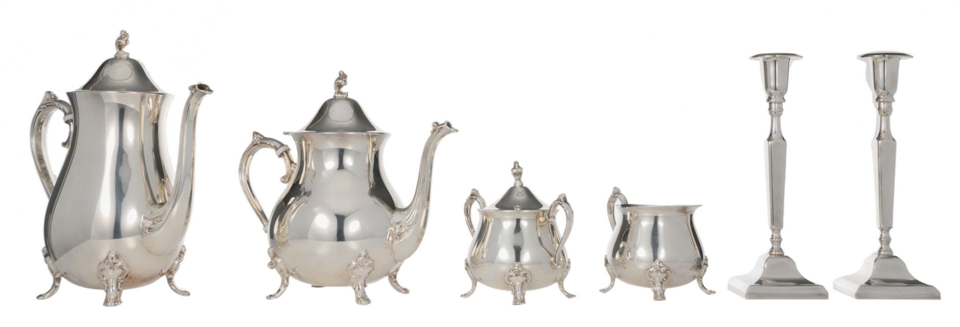 A WMF plated four-part coffee and tea set; added a pair of English neoclassical silver plated