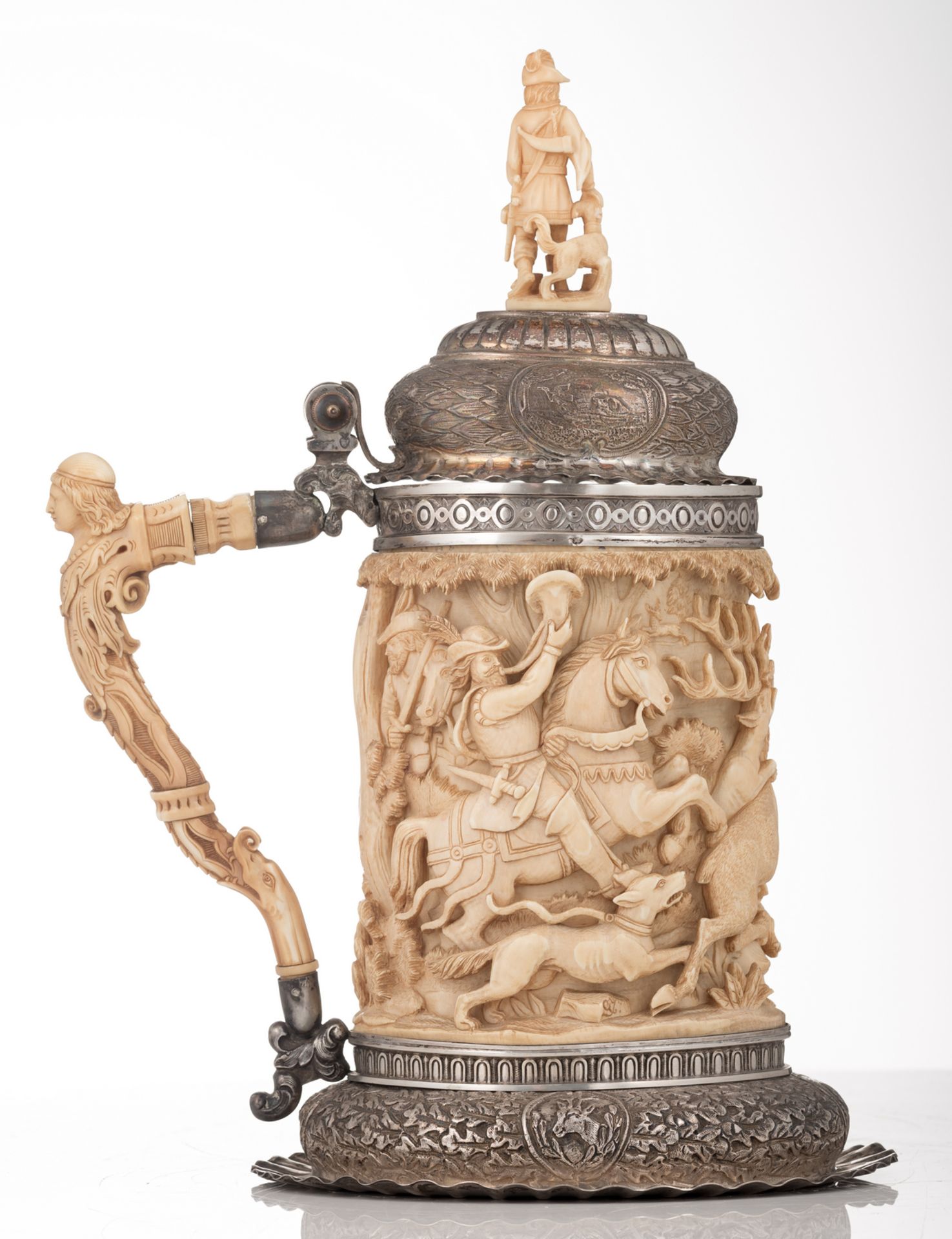 A first quarter of the 20thC Austro-Hungarian silver mounted humpen in the 17thC manner, the ivory - Bild 4 aus 8