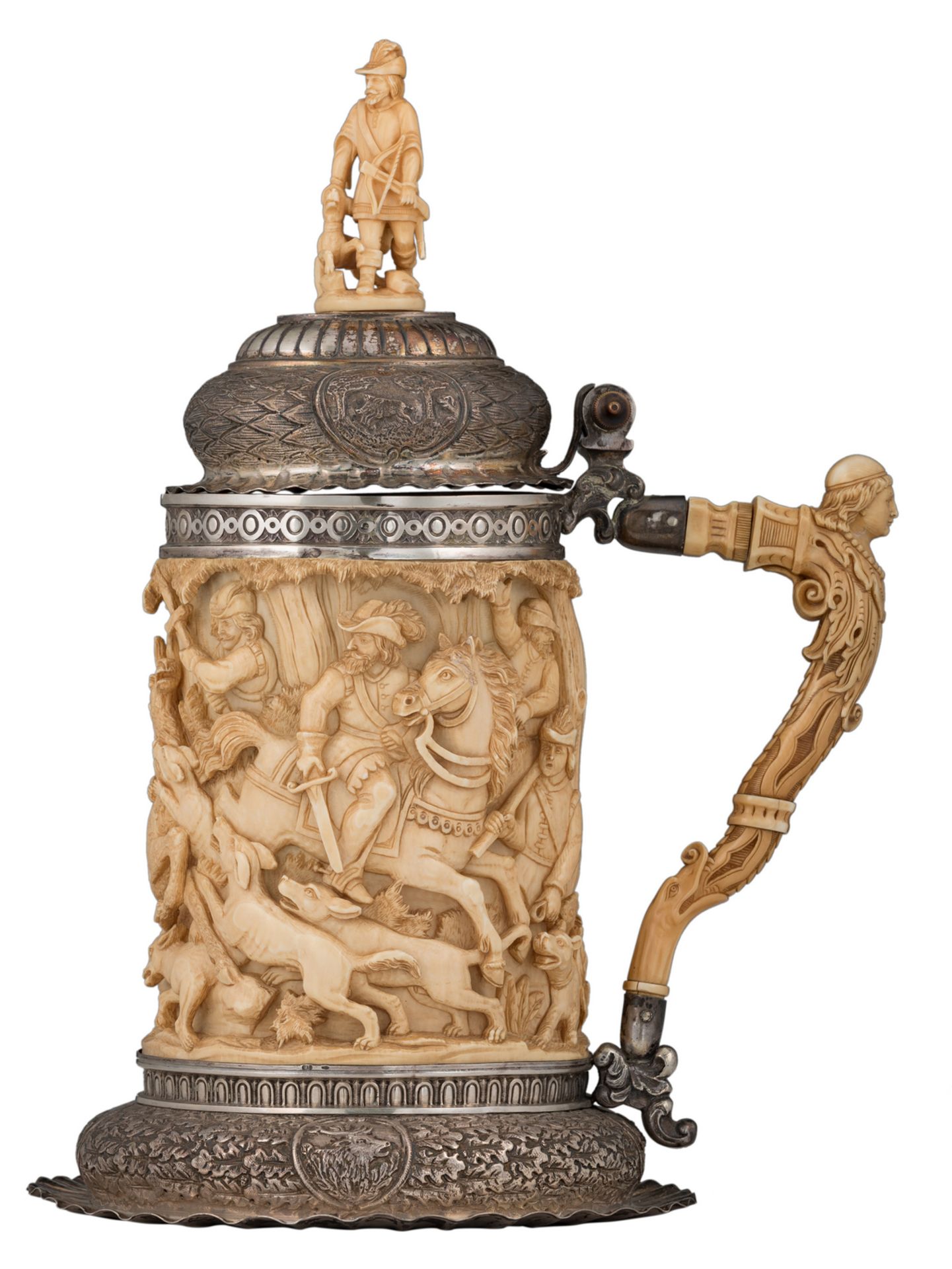 A first quarter of the 20thC Austro-Hungarian silver mounted humpen in the 17thC manner, the ivory