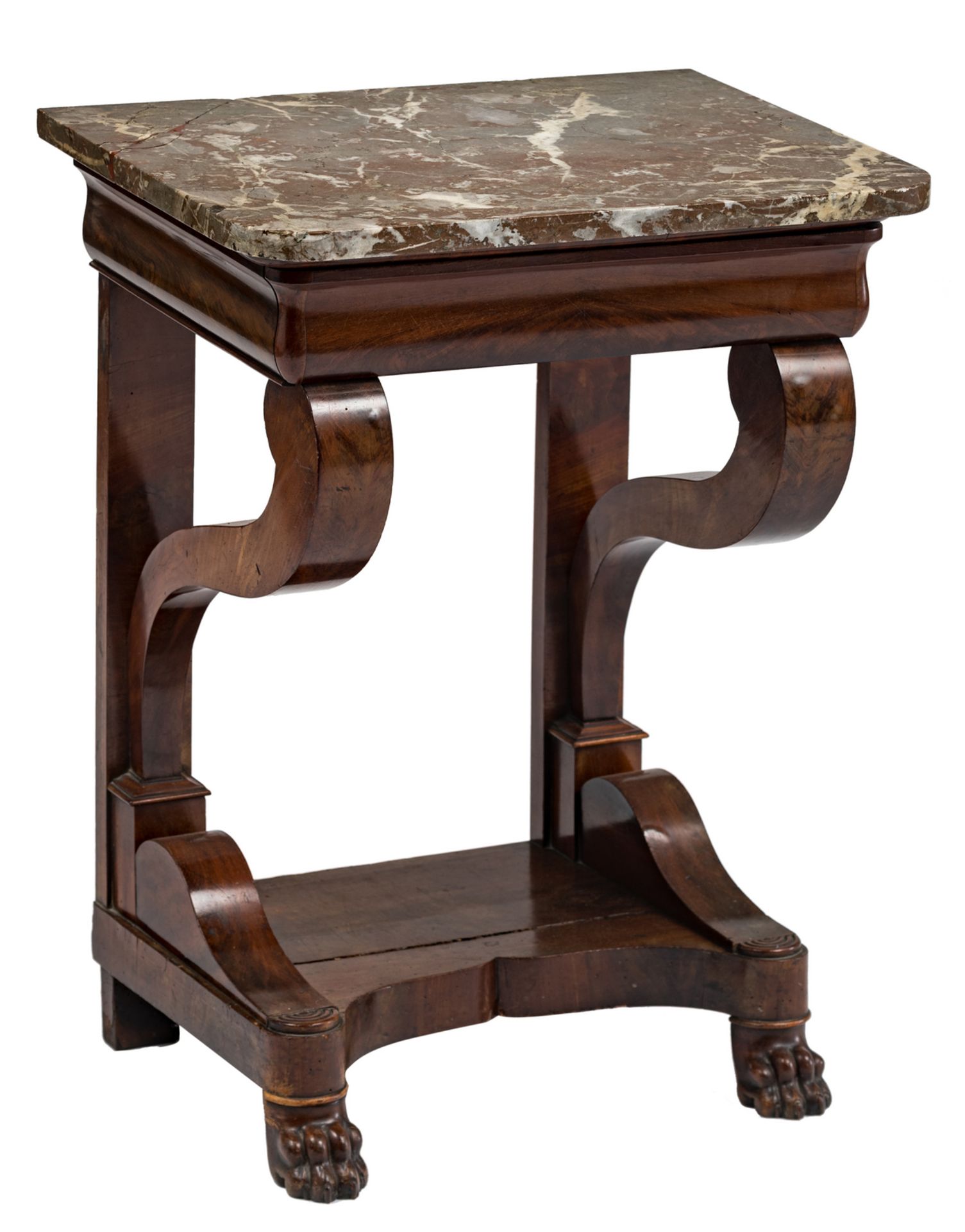 Louis Philippe mahogany console table with paw feet and marble top, H 79 - W 57,5 - D 42,5 cm