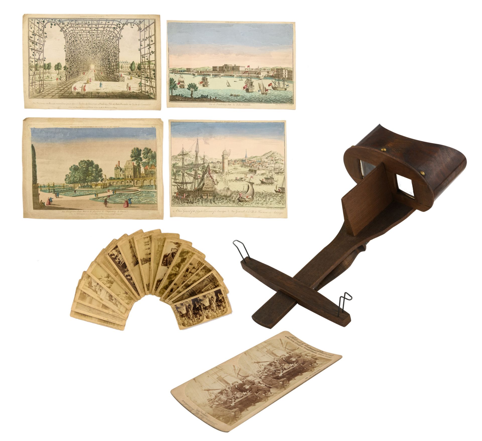 A stereoscope with some worldwide images (mainly Germany); added four 18thC French hand coloured