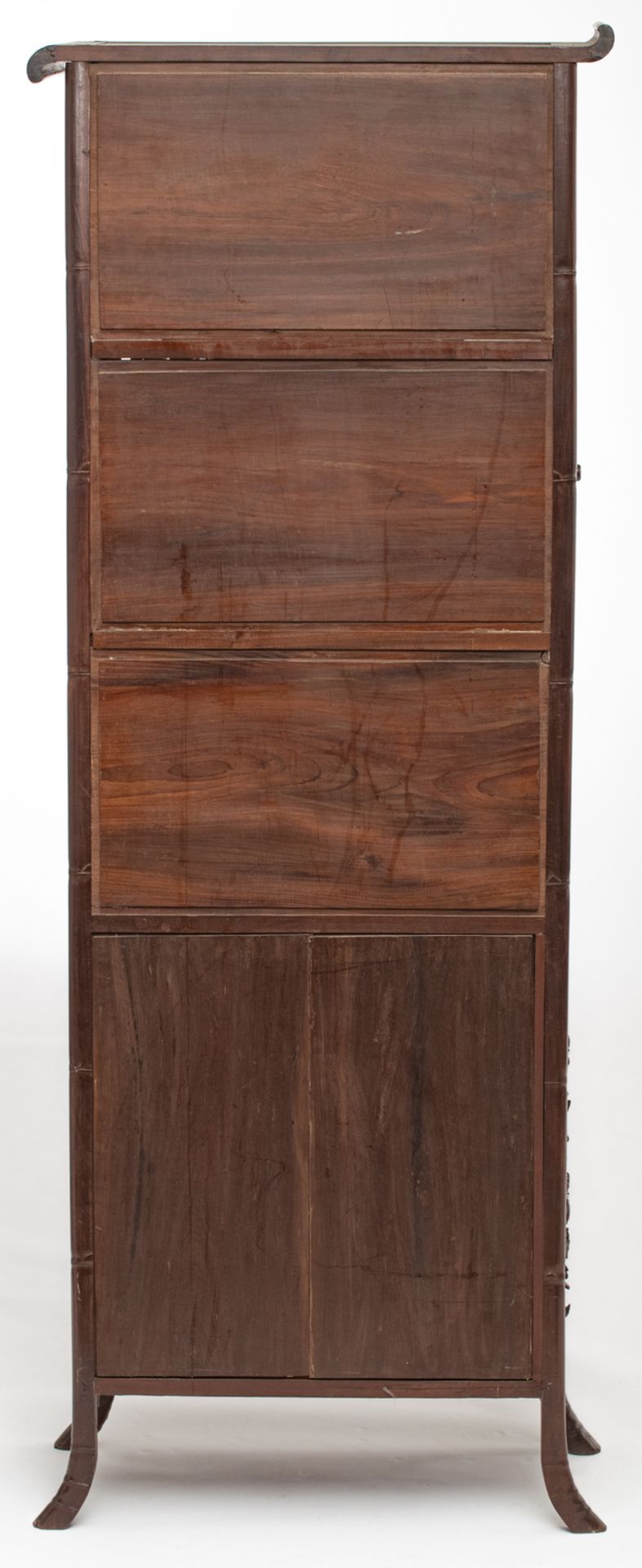 An Oriental richly carved hardwood display cabinet with bamboo imitation, the panels decorated - Image 4 of 6