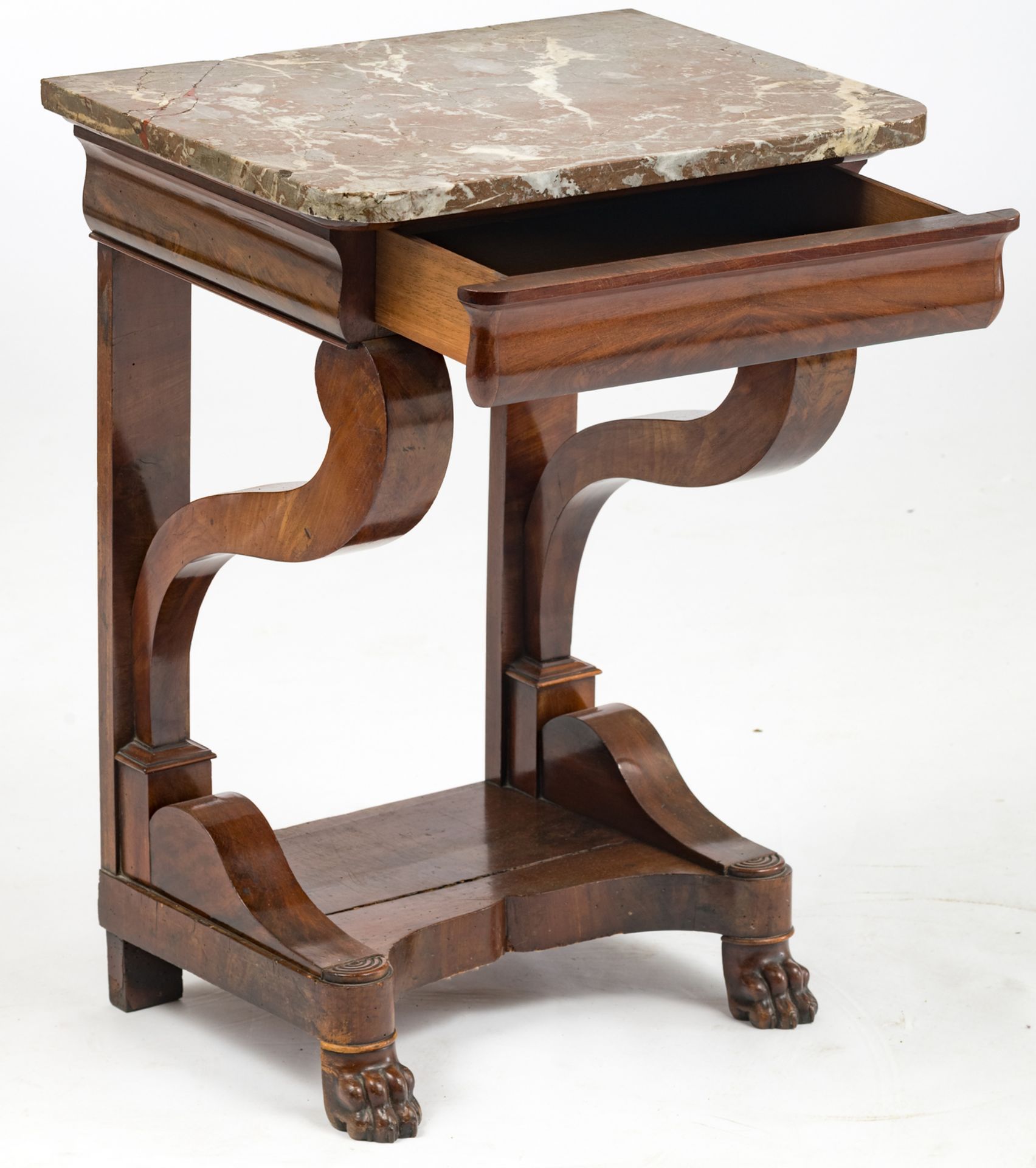 Louis Philippe mahogany console table with paw feet and marble top, H 79 - W 57,5 - D 42,5 cm - Image 10 of 10