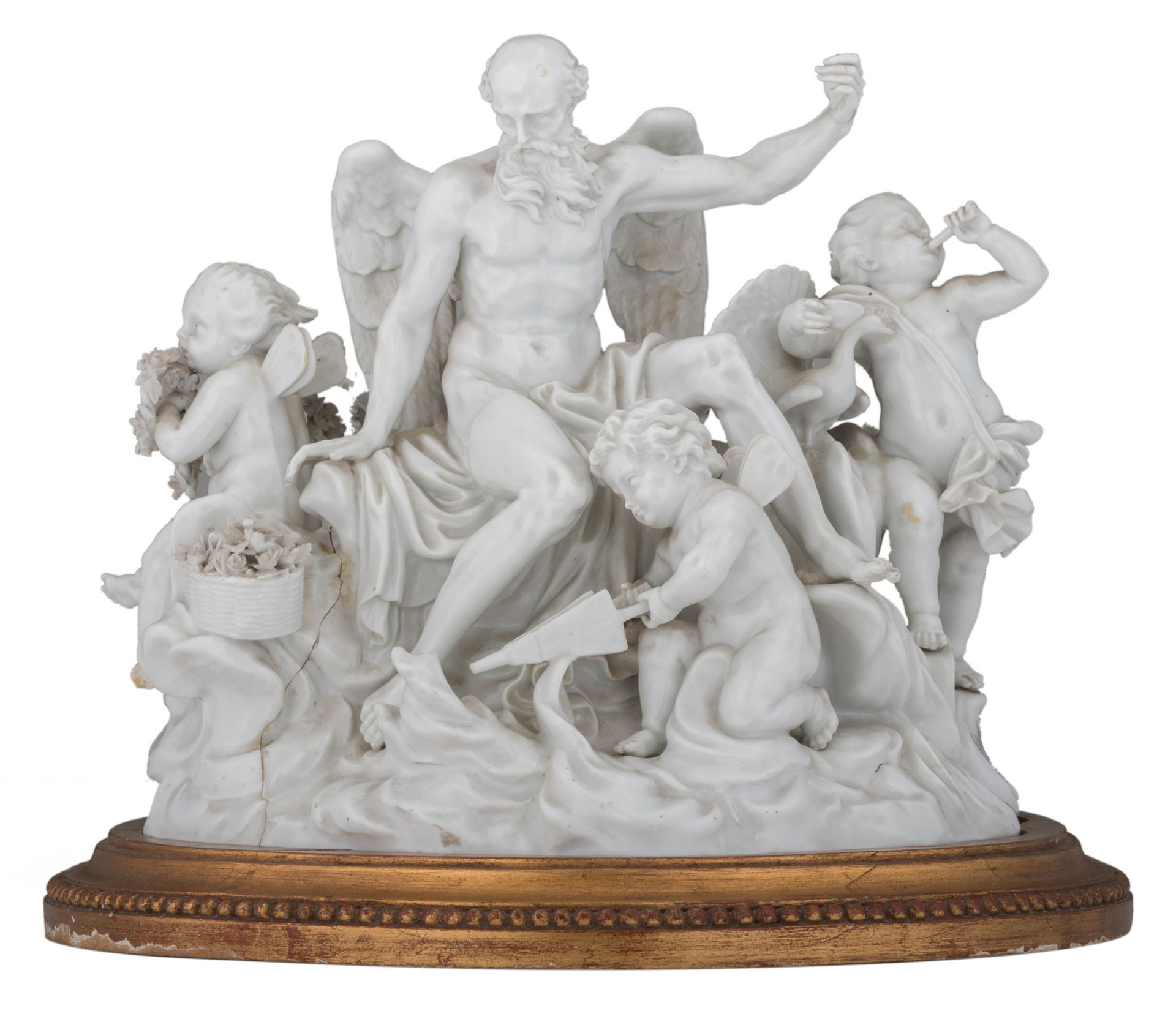 An 18thC Meissen porcelain group depicting Chronos (the time) surrounded by putto, Marcolini period,
