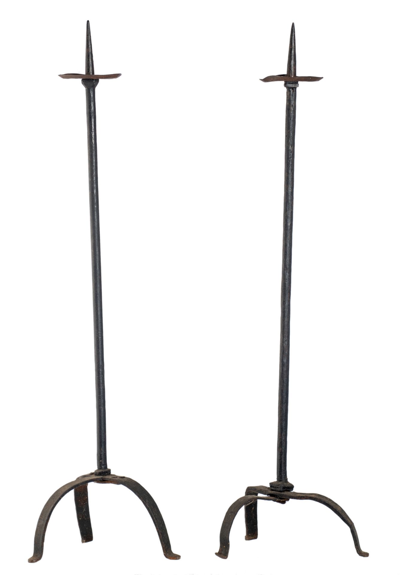 Two wrought iron church candlesticks, H 126,5 cm