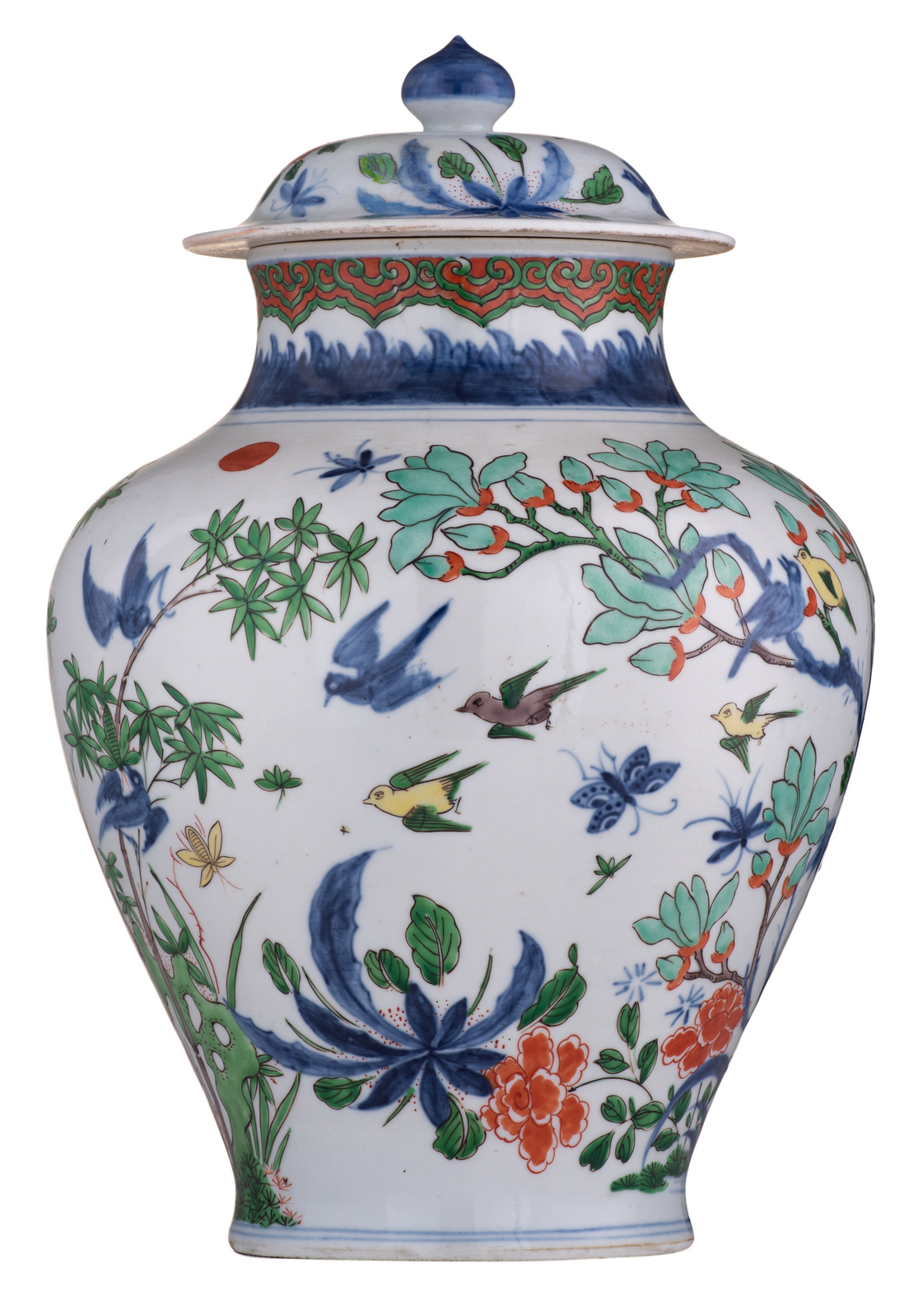 A polychrome Samson vase and cover, decorated with chinoiserie depicting birds and flower