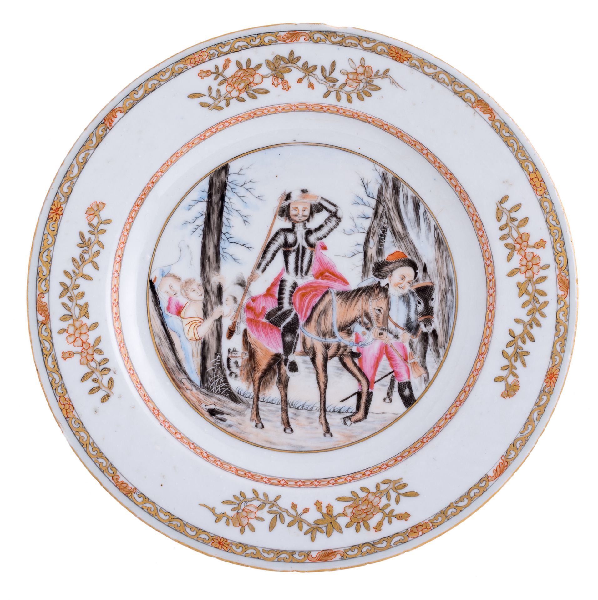 A Chinese famille rose export porcelain dish, depicting an animated scene with Don Quixote and