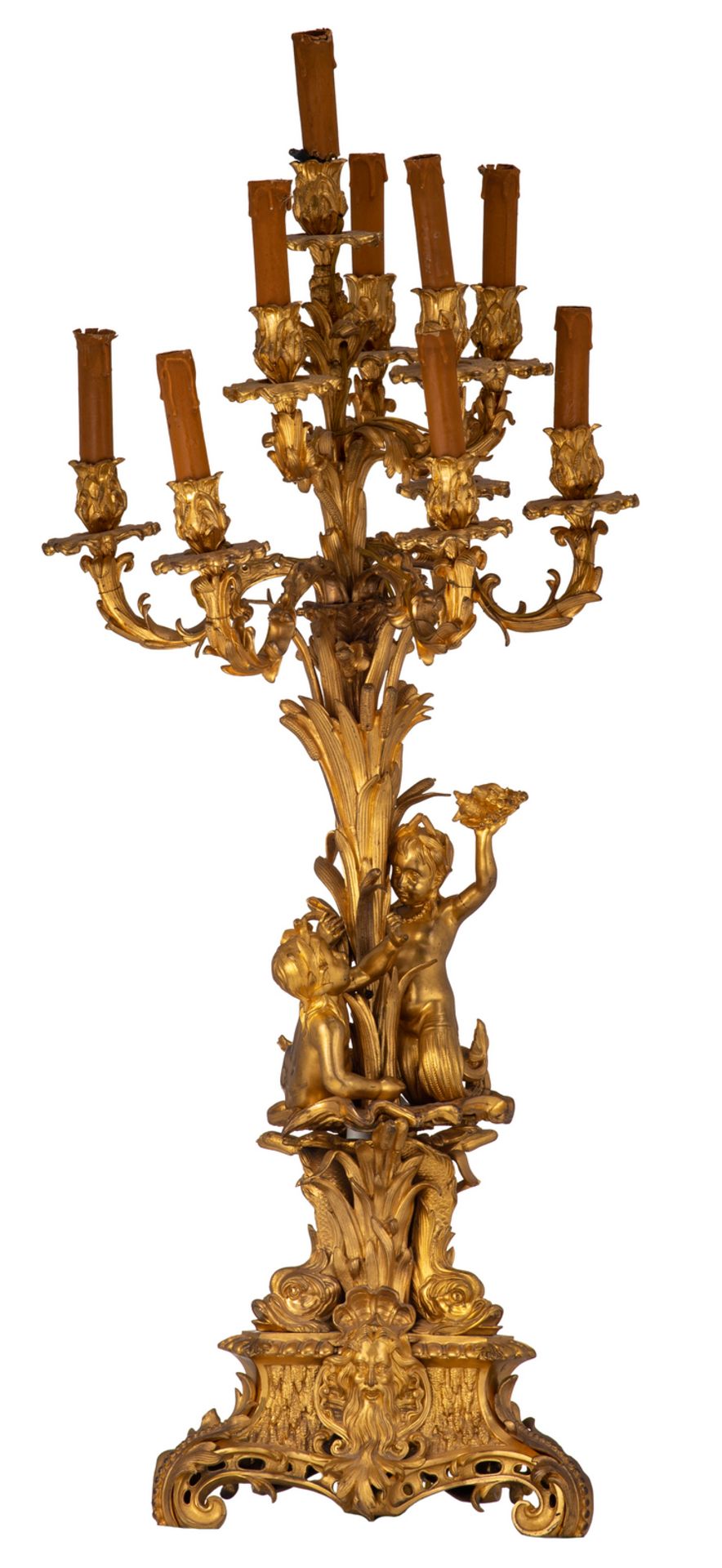 A rare gilt bronze Rococo Revival candelabra, probably Napoleon III-period, H 108 cm