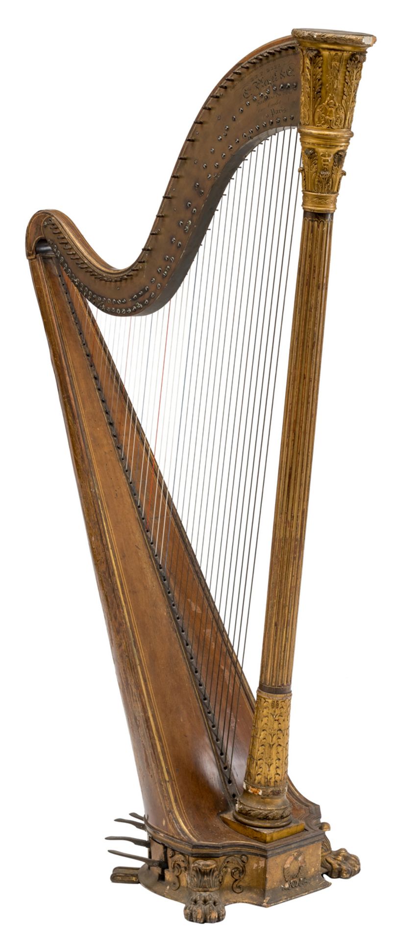 A 19th C neoclassical parcel gilt decorated rosewood harp, by French manufacturer Pleyel & Co.,