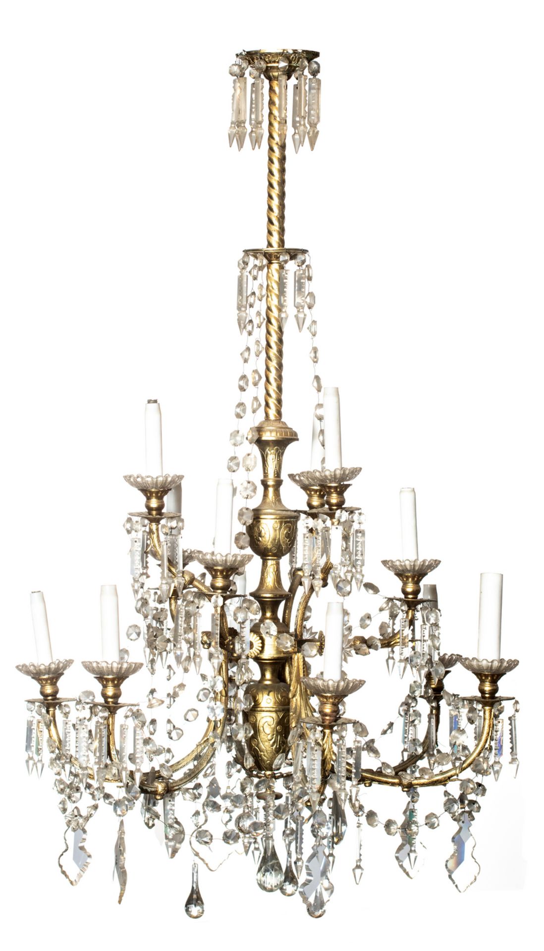 A 19thC glass and crystal, gilt brass mounted chandelier, with twelve candle branches, H 110 cm,