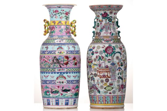 A Chinese polychrome ground famille rose vase, decorated with flowers, birds and butterflies, 19thC; - Bild 3 aus 8