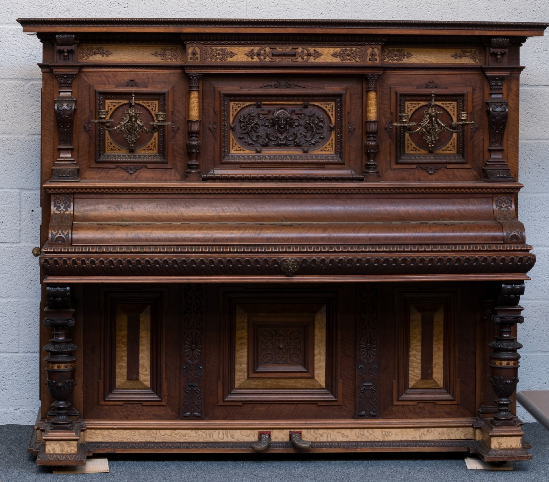 A fine richely carved american walnut and sicamore upright concert piano, Knauss, Coblenz - Image 2 of 7