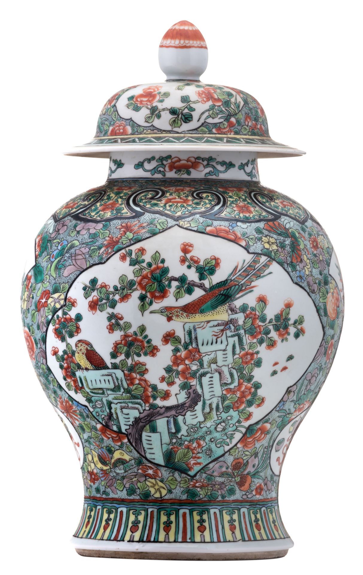 A Chinese famille verte floral decorated vase and cover, the roundels with birds, fish and