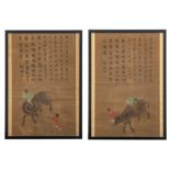 Two Chinese watercolours, depicting children playing with a water buffalo, with calligraphic